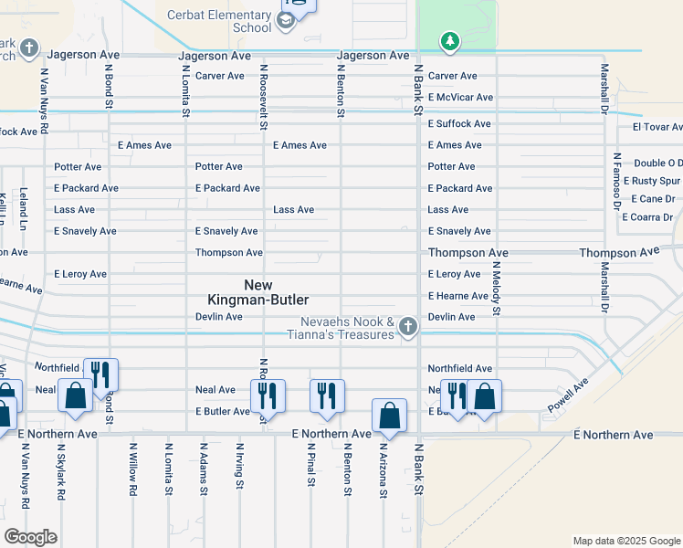 map of restaurants, bars, coffee shops, grocery stores, and more near 2801 Leroy Avenue in Kingman