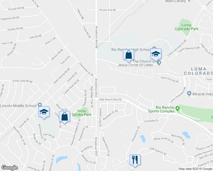 map of restaurants, bars, coffee shops, grocery stores, and more near 3036 Cascades Trail Southeast in Rio Rancho