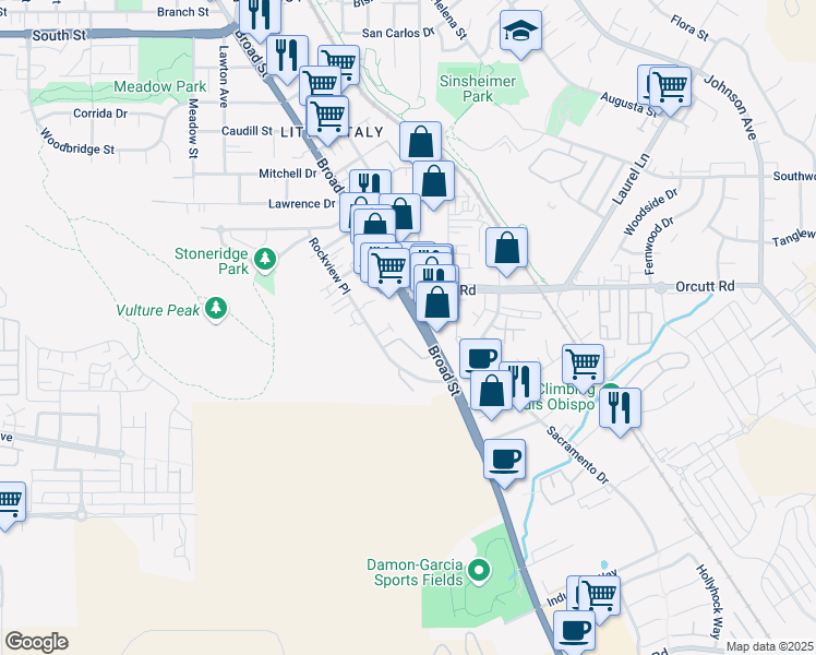 map of restaurants, bars, coffee shops, grocery stores, and more near in San Luis Obispo