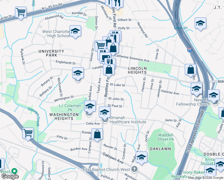 map of restaurants, bars, coffee shops, grocery stores, and more near 2103 Saint Luke Street in Charlotte