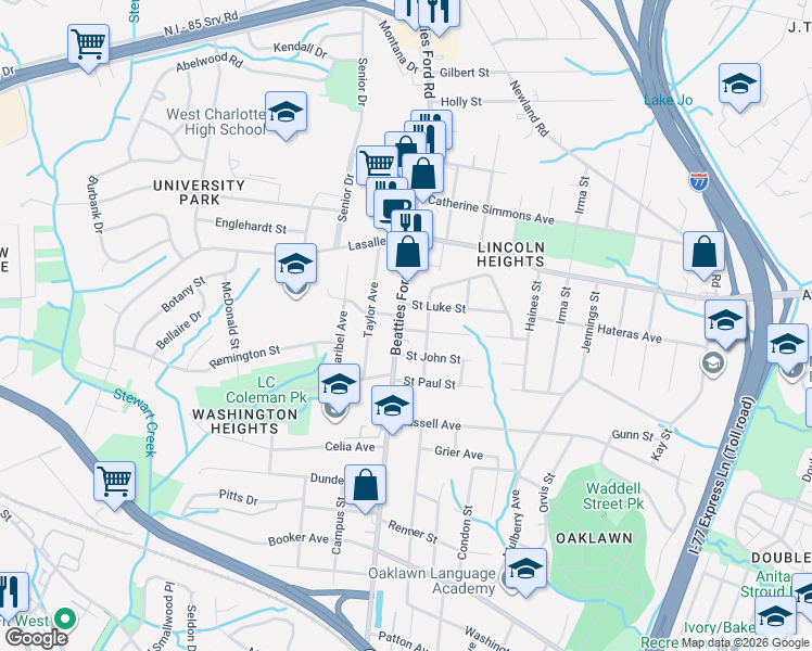 map of restaurants, bars, coffee shops, grocery stores, and more near 2103 Saint Luke Street in Charlotte