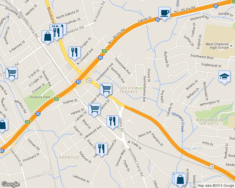 map of restaurants, bars, coffee shops, grocery stores, and more near 225 Centre Street in Charlotte