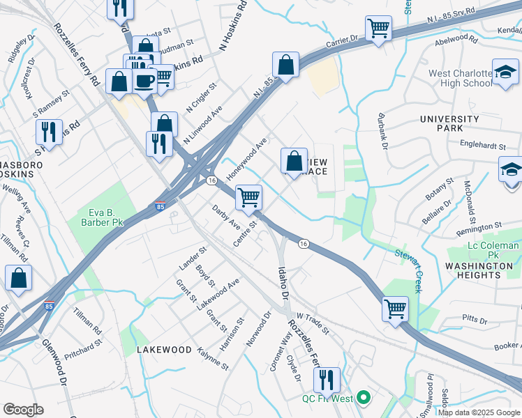 map of restaurants, bars, coffee shops, grocery stores, and more near 225 Centre Street in Charlotte