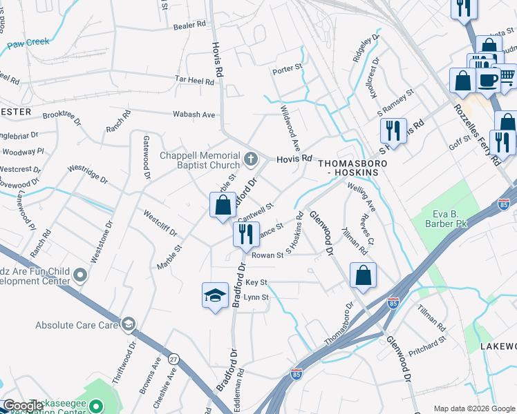map of restaurants, bars, coffee shops, grocery stores, and more near 4420 Gum Street in Charlotte