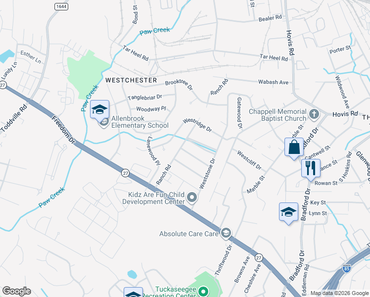 map of restaurants, bars, coffee shops, grocery stores, and more near 1324 Ranch Road in Charlotte