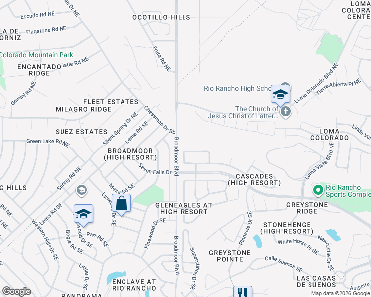 map of restaurants, bars, coffee shops, grocery stores, and more near 3036 Cascades Trail Southeast in Rio Rancho