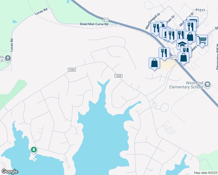 map of restaurants, bars, coffee shops, grocery stores, and more near Owens Circle in Seven Lakes