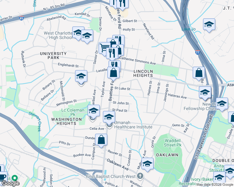 map of restaurants, bars, coffee shops, grocery stores, and more near 2103 Saint Luke Street in Charlotte
