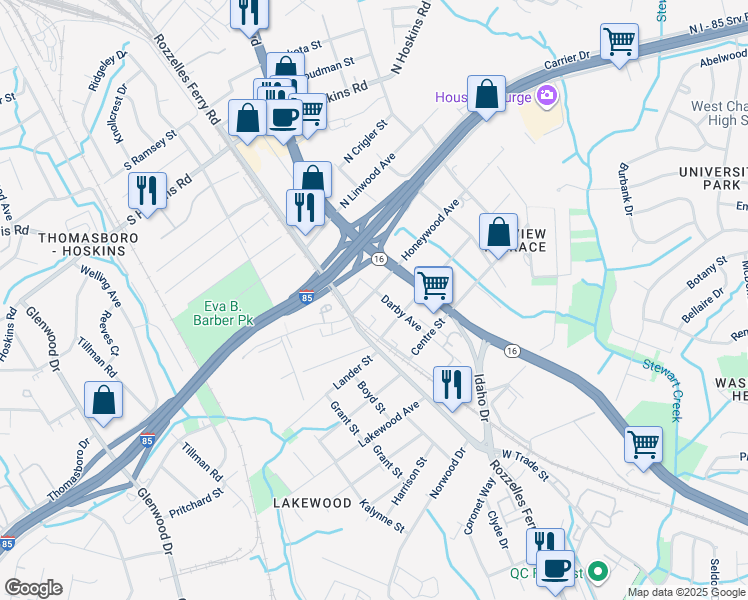map of restaurants, bars, coffee shops, grocery stores, and more near 120 Honeywood Avenue in Charlotte