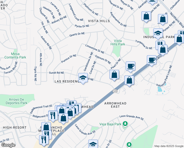 map of restaurants, bars, coffee shops, grocery stores, and more near 190 Coral Drive Northeast in Rio Rancho
