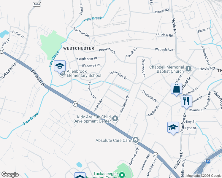 map of restaurants, bars, coffee shops, grocery stores, and more near 1324 Ranch Road in Charlotte