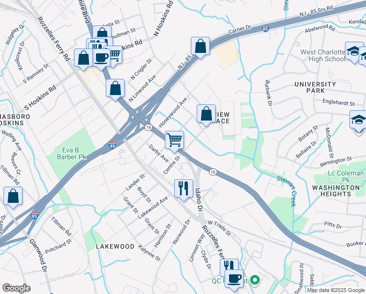 map of restaurants, bars, coffee shops, grocery stores, and more near 225 Centre Street in Charlotte