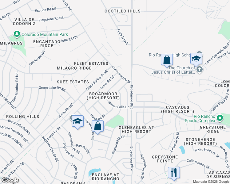 map of restaurants, bars, coffee shops, grocery stores, and more near 64 Castle Rock Road Southeast in Rio Rancho