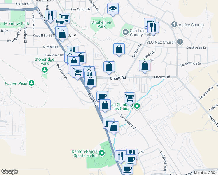 map of restaurants, bars, coffee shops, grocery stores, and more near 3265 Lavender Lane in San Luis Obispo