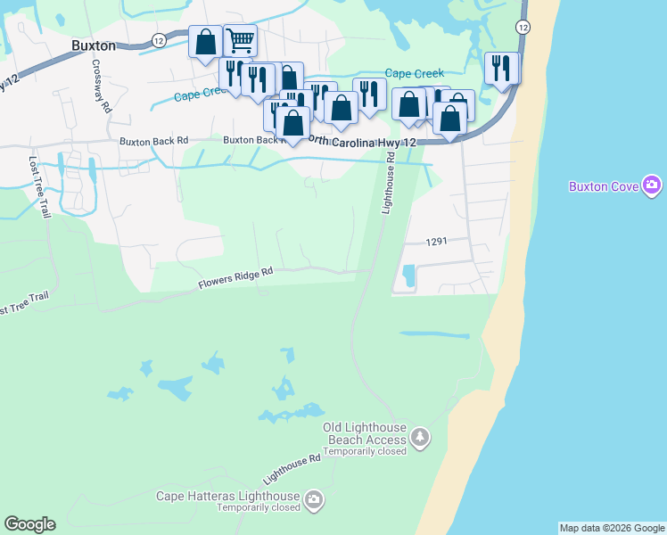 map of restaurants, bars, coffee shops, grocery stores, and more near 46116 Flowers Ridge Road in Buxton