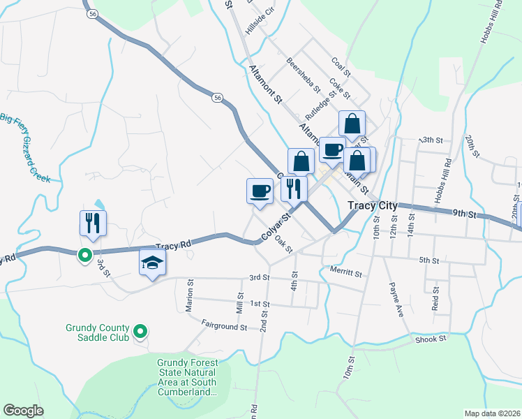 map of restaurants, bars, coffee shops, grocery stores, and more near 138 Nathurst Street in Tracy City