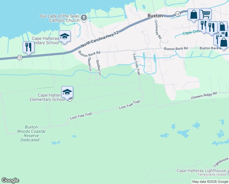 map of restaurants, bars, coffee shops, grocery stores, and more near 47192 Middle Ridge Road in Buxton