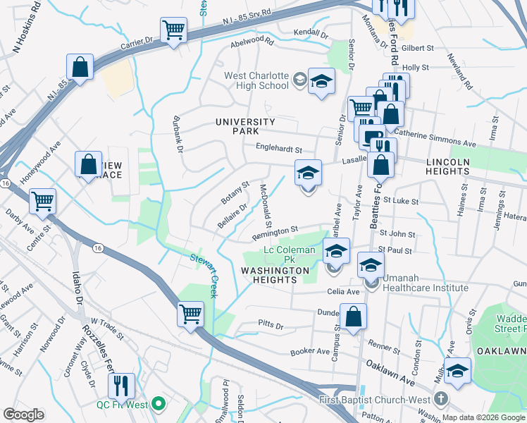 map of restaurants, bars, coffee shops, grocery stores, and more near 1811 McDonald Street in Charlotte