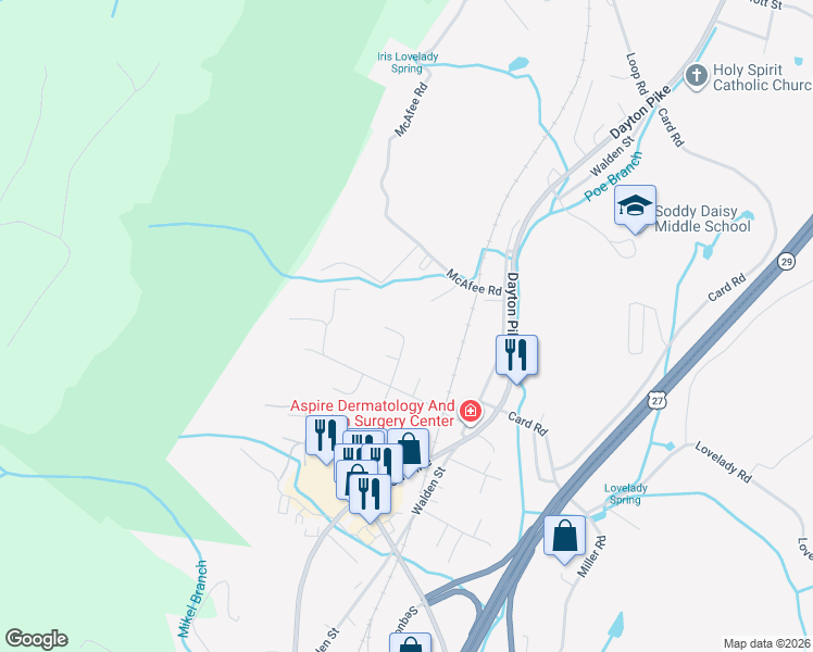 map of restaurants, bars, coffee shops, grocery stores, and more near 10308 Rophe Drive in Soddy-Daisy