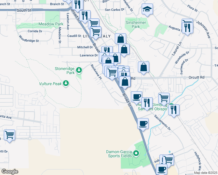 map of restaurants, bars, coffee shops, grocery stores, and more near 3210 Rockview Place in San Luis Obispo