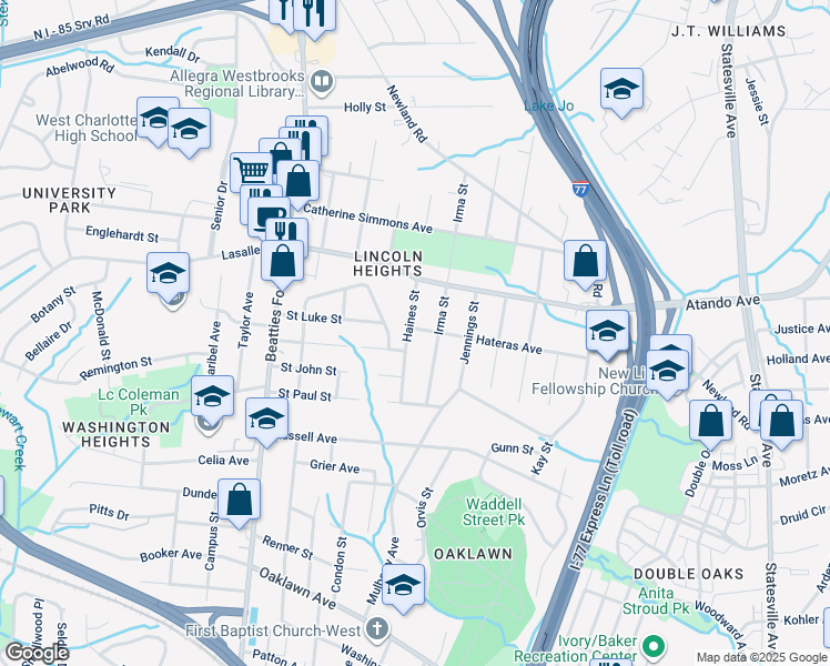 map of restaurants, bars, coffee shops, grocery stores, and more near 1841 Haines Street in Charlotte