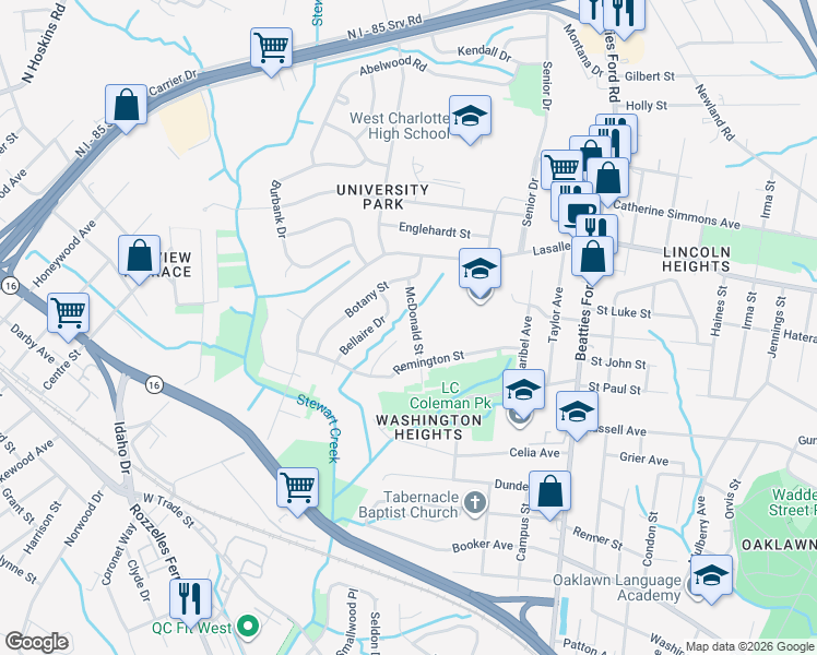 map of restaurants, bars, coffee shops, grocery stores, and more near 1811 McDonald Street in Charlotte