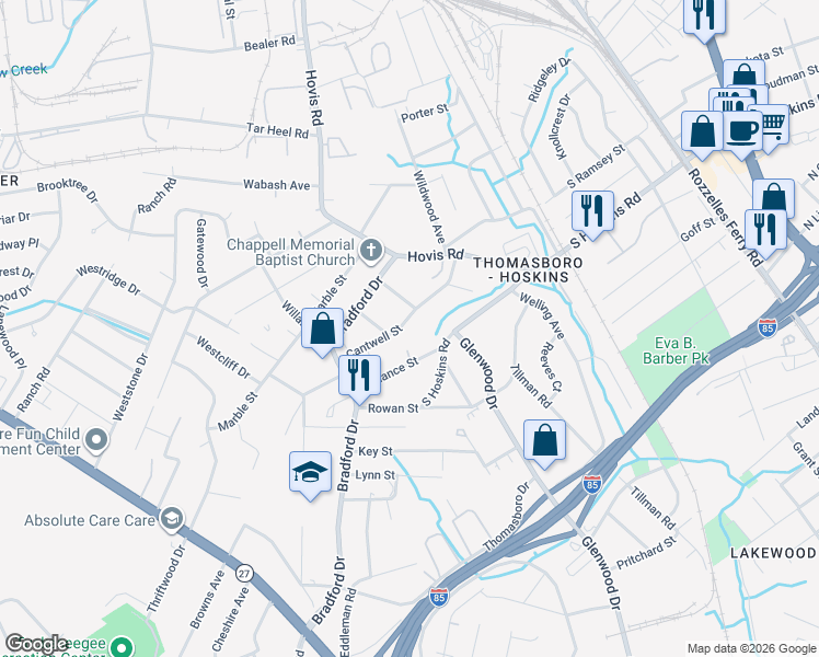 map of restaurants, bars, coffee shops, grocery stores, and more near 812 Cantwell Street in Charlotte