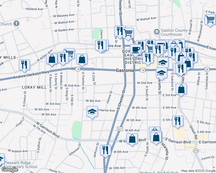 map of restaurants, bars, coffee shops, grocery stores, and more near 504 West 2nd Avenue in Gastonia