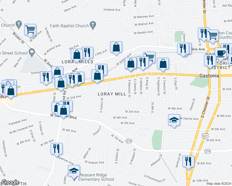 map of restaurants, bars, coffee shops, grocery stores, and more near 1100 West 2nd Avenue in Gastonia
