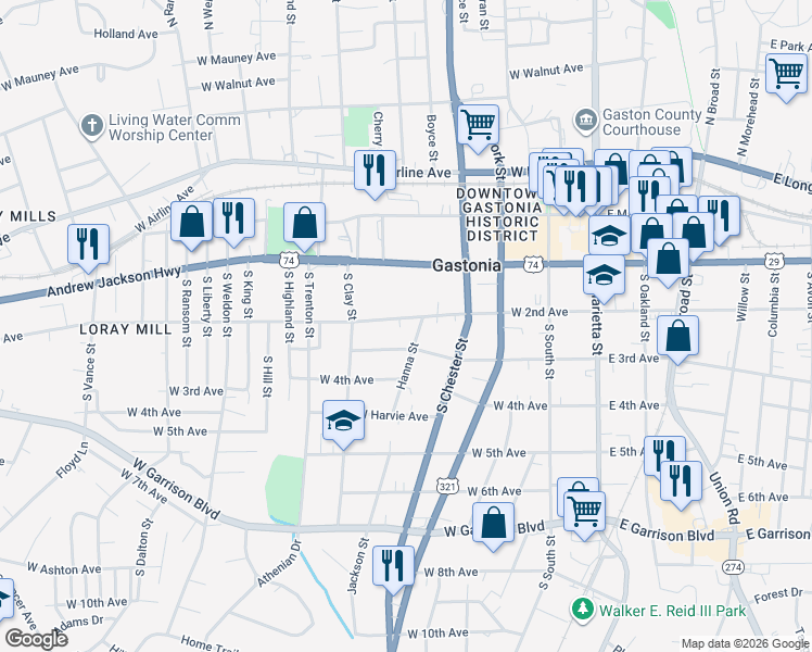 map of restaurants, bars, coffee shops, grocery stores, and more near 507 West 2nd Avenue in Gastonia