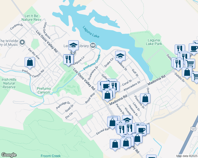 map of restaurants, bars, coffee shops, grocery stores, and more near 1384 Cavalier Lane in San Luis Obispo