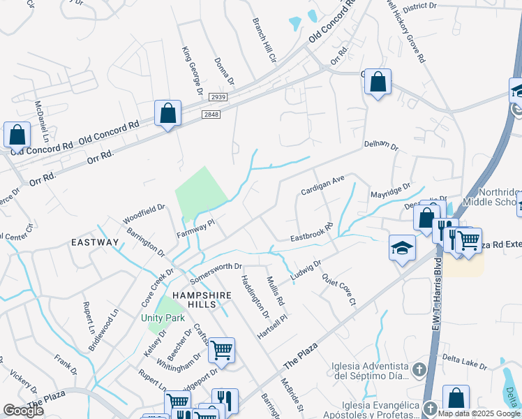 map of restaurants, bars, coffee shops, grocery stores, and more near 6717 Cove Creek Drive in Charlotte