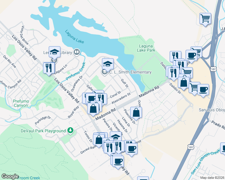 map of restaurants, bars, coffee shops, grocery stores, and more near 1222 West Newport Street in San Luis Obispo