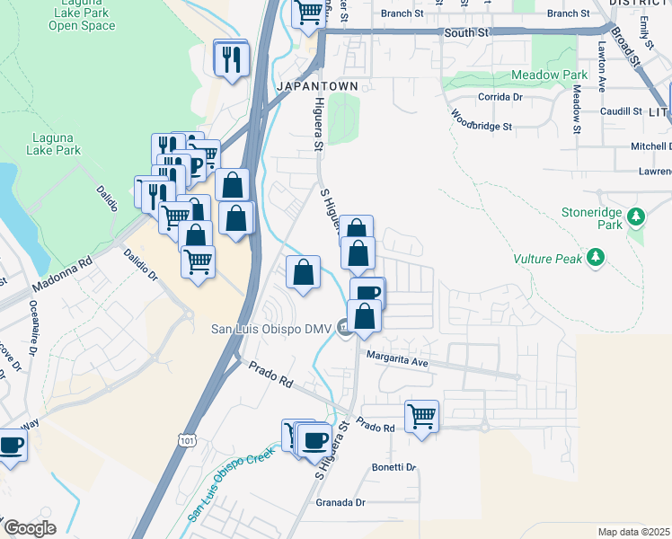 map of restaurants, bars, coffee shops, grocery stores, and more near 2935 South Higuera Street in San Luis Obispo