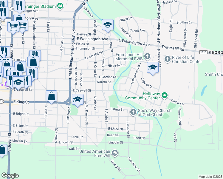 map of restaurants, bars, coffee shops, grocery stores, and more near 1012 East Caswell Street in Kinston