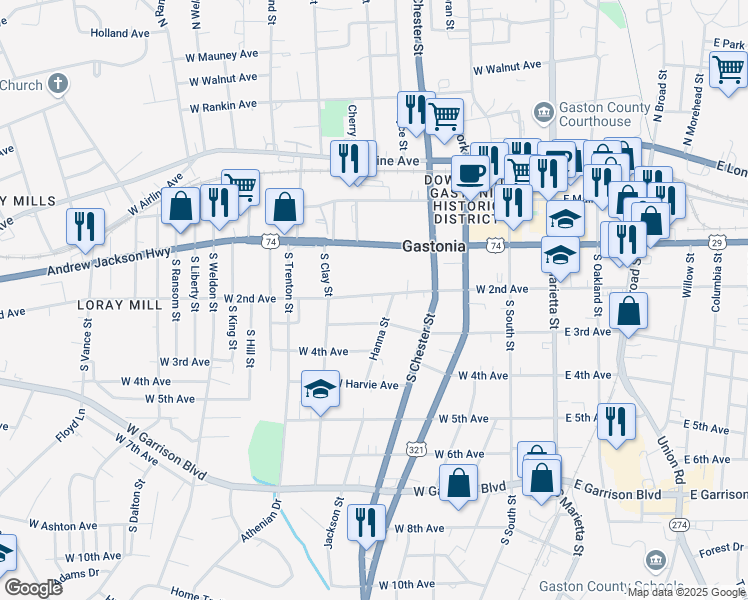 map of restaurants, bars, coffee shops, grocery stores, and more near 509 West 2nd Avenue in Gastonia