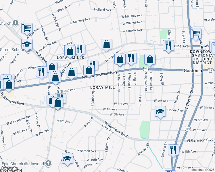 map of restaurants, bars, coffee shops, grocery stores, and more near 1100 West 2nd Avenue in Gastonia
