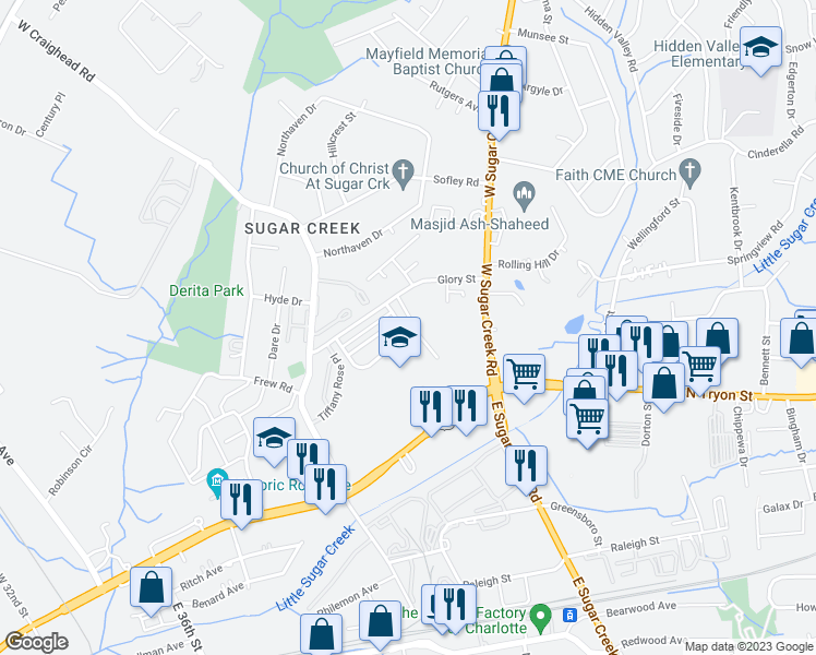 map of restaurants, bars, coffee shops, grocery stores, and more near 135 Hunslet Circle in Charlotte