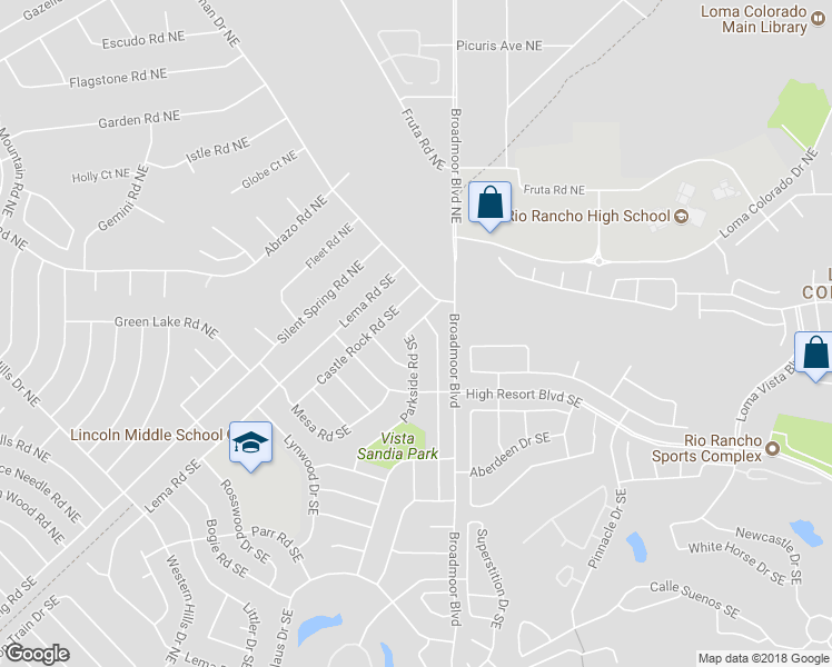 map of restaurants, bars, coffee shops, grocery stores, and more near 24 Parkside Road Southeast in Rio Rancho