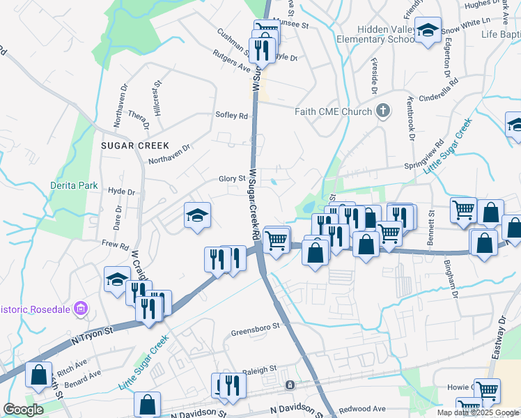 map of restaurants, bars, coffee shops, grocery stores, and more near 200 West Sugar Creek Road in Charlotte