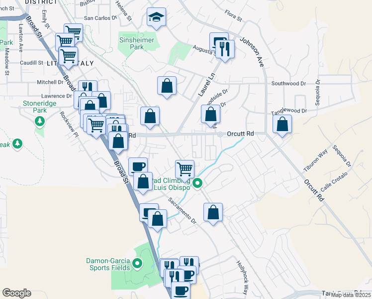 map of restaurants, bars, coffee shops, grocery stores, and more near 1121 Orcutt Road in San Luis Obispo