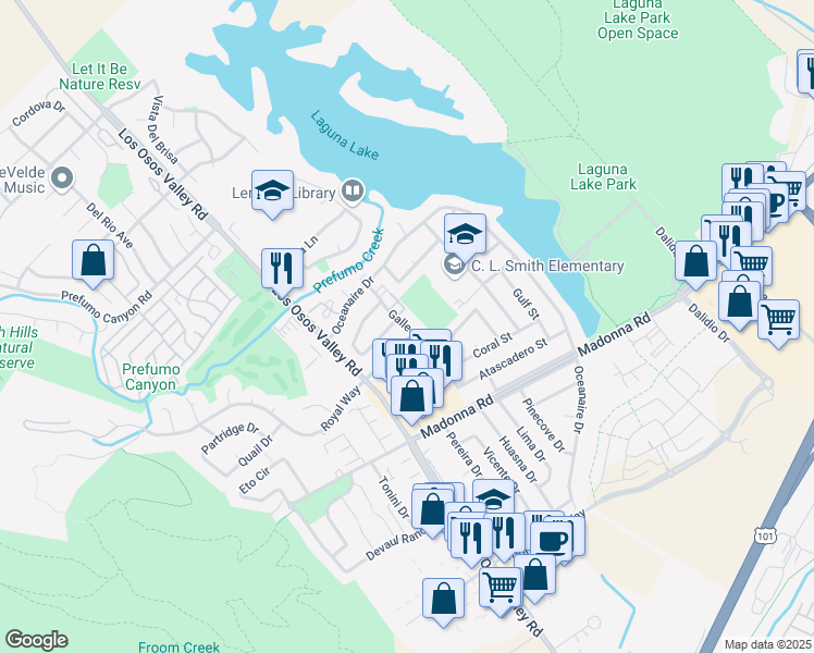 map of restaurants, bars, coffee shops, grocery stores, and more near 1396 Cavalier Lane in San Luis Obispo
