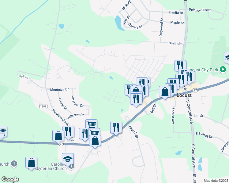 map of restaurants, bars, coffee shops, grocery stores, and more near 317 Ardsley Drive in Locust