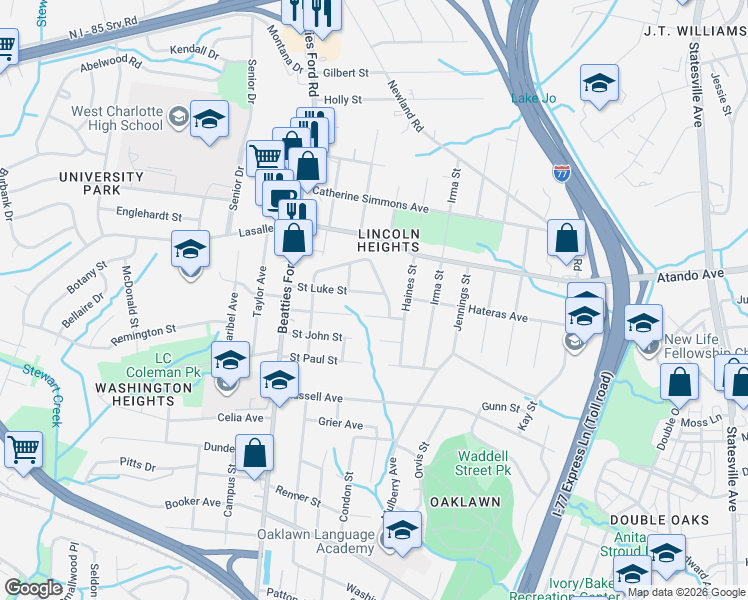 map of restaurants, bars, coffee shops, grocery stores, and more near 1913 Saint Luke Street in Charlotte