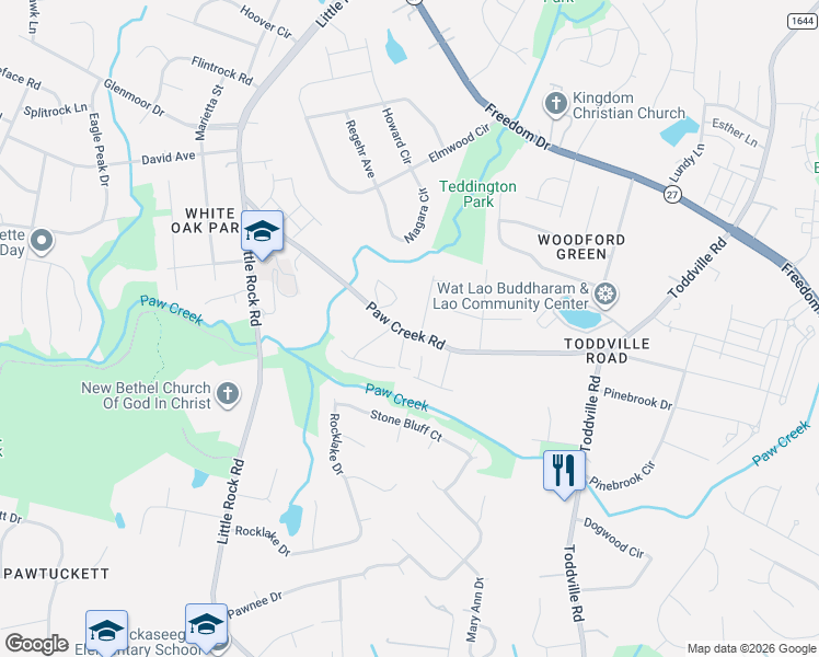 map of restaurants, bars, coffee shops, grocery stores, and more near 6024 Paw Creek Road in Charlotte