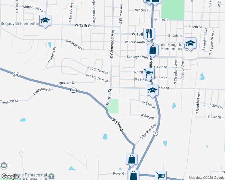 map of restaurants, bars, coffee shops, grocery stores, and more near 505 West 19th Street in Russellville