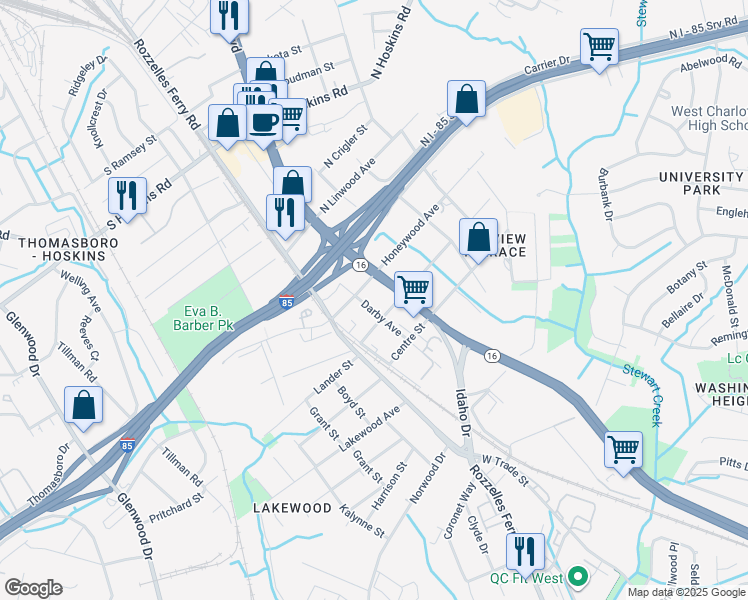 map of restaurants, bars, coffee shops, grocery stores, and more near 3514 Darby Avenue in Charlotte