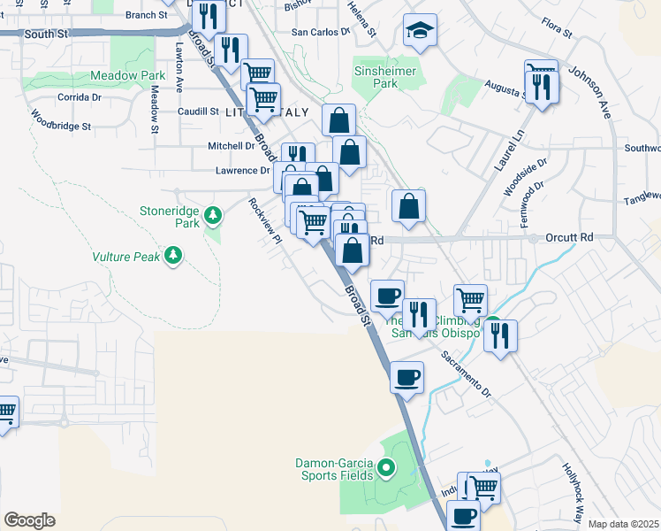 map of restaurants, bars, coffee shops, grocery stores, and more near 3249 Broad Street in San Luis Obispo