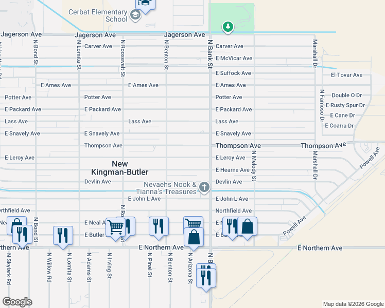 map of restaurants, bars, coffee shops, grocery stores, and more near 2890 Thompson Avenue in Kingman
