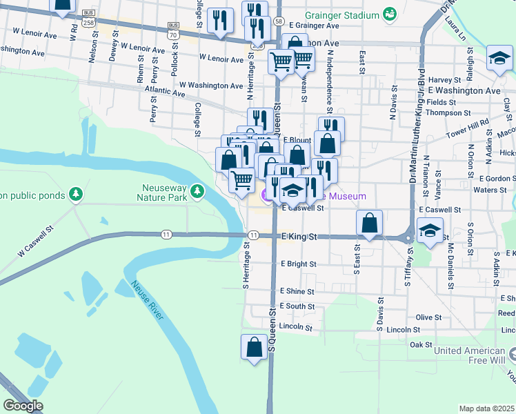 map of restaurants, bars, coffee shops, grocery stores, and more near 102 South Queen Street in Kinston